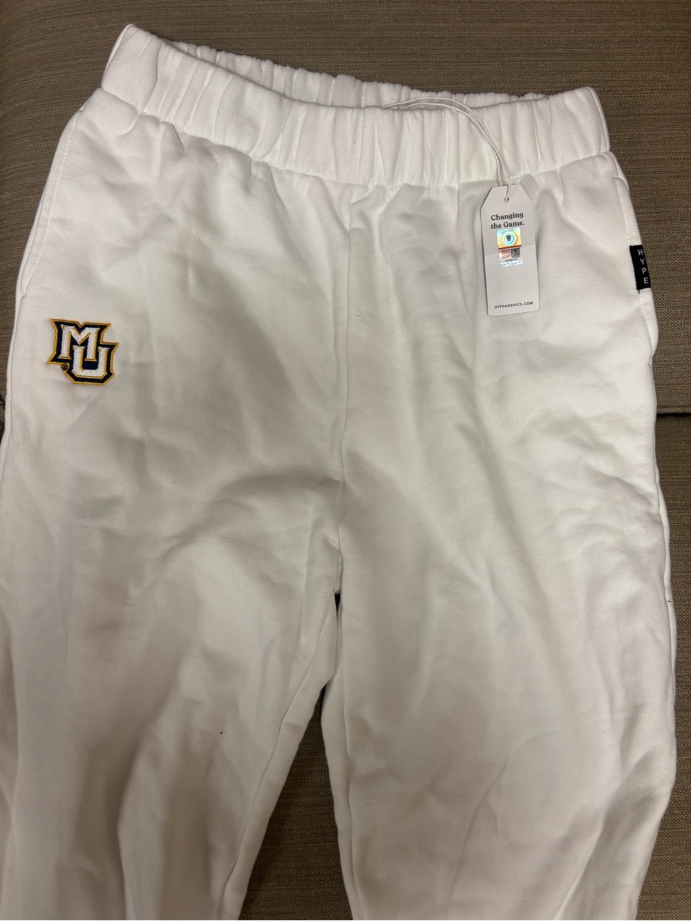 White Track Joggers with Embroidered MU (Marquette) Crest